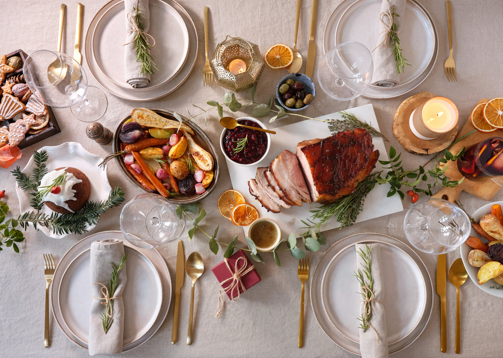 Festive Table Setting with Christmas Feast